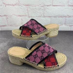 Gucci Multicolor Criss Cross Strap Red and Pink Espadrille Sandals Slides 37